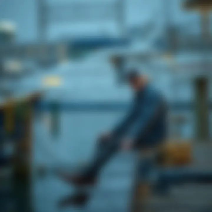 Jake Anderson sitting on a dock, looking contemplative after his divorce, with fishing gear by his side.