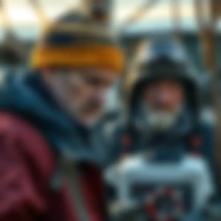 Jake Anderson and Keith showing visible signs of aging while working on the Bering Sea, surrounded by fishing gear and icy waters.