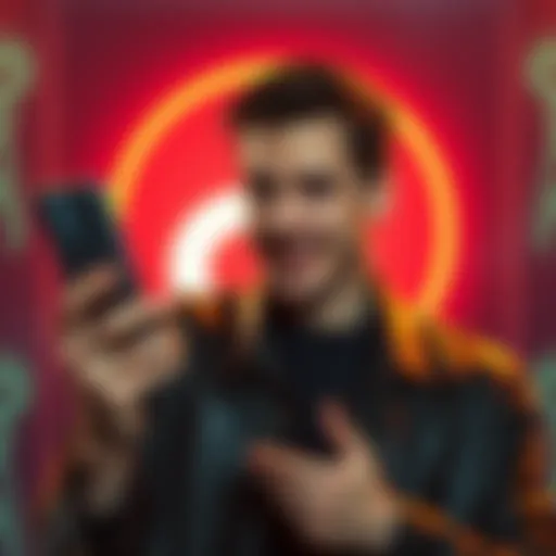 James Franco looks excited while showing alien footage on his phone, surrounded by a vibrant TikTok logo backdrop