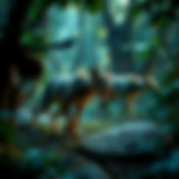 A Janaú pack hunting in a dense Brazilian forest, showcasing its strong scent to track prey.