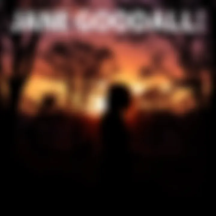 Jane Goodall Tribute A serene outdoor scene with a silhouette of Jane Goodall among trees, reflecting on nature and conservation efforts.