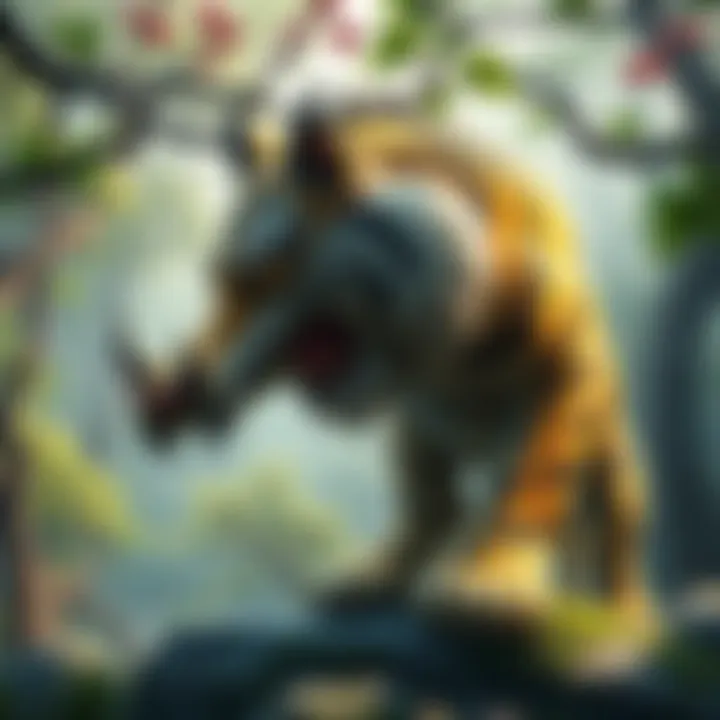 Jangsanbeom in Korean Folklore A depiction of Jangsanbeom, a mythical Korean creature resembling a large tiger-like animal with distinctive features, surrounded by lush forest scenery.