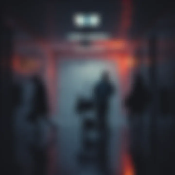 A dark, eerie school hallway with a janitor's cart and shadows lurking, representing the repetitive themes in janitor horror stories.