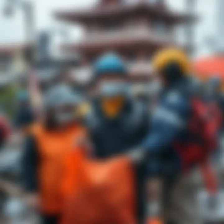 Volunteers assisting in recovery efforts after a disaster in Japan, showing community support and rebuilding activities.