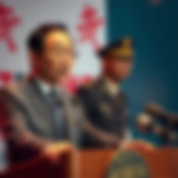 Japanese Prime Minister Shigeru Ishiba speaks at a podium about military strategies for possible alien encounters while a military official listens attentively in the background
