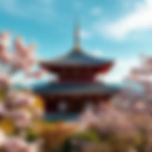 A stunning view of a traditional Japanese temple surrounded by cherry blossom trees and a serene landscape