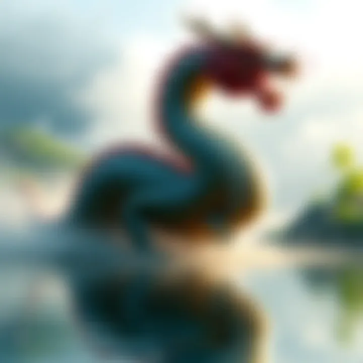 A Japanese dragon rising from a tranquil water body, surrounded by mist and greenery, symbolizing ancient legends.