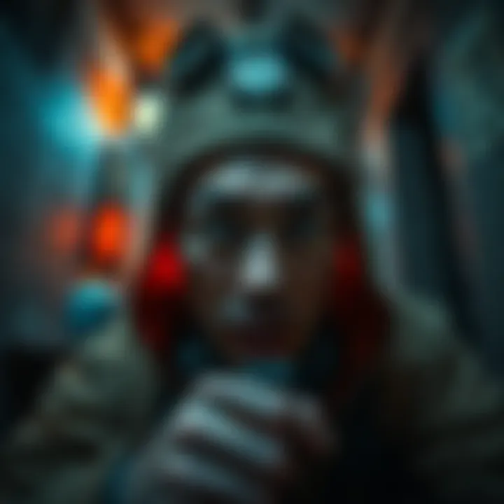 A Japanese explorer in a haunted house, waking up and staring intensely at the camera