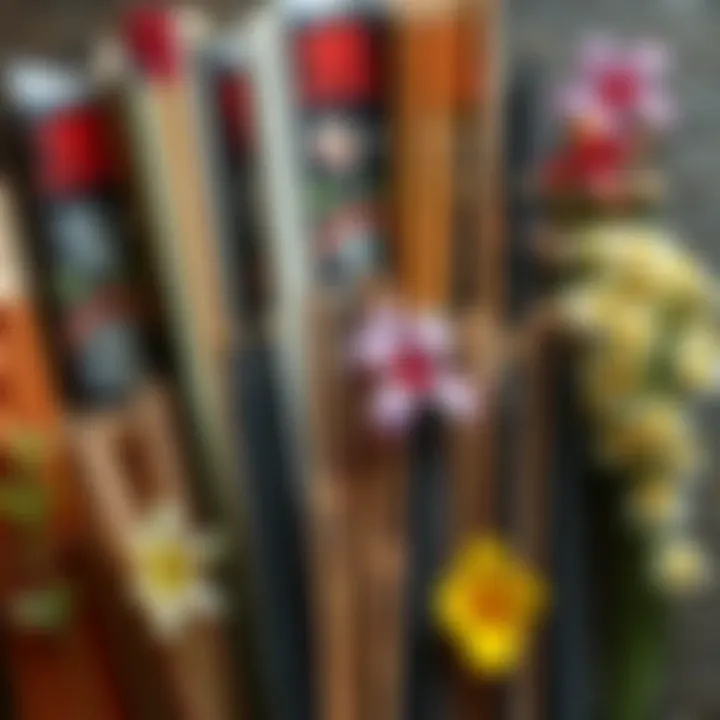 A selection of various Japanese incense sticks arranged with flowers and aromatic notes