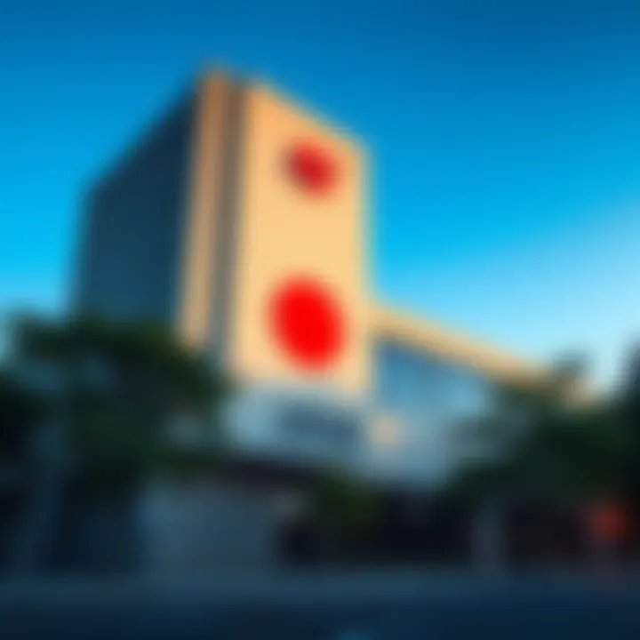 Exterior view of the Japanese Space Agency building, with a large logo visible, surrounded by trees and blue sky.