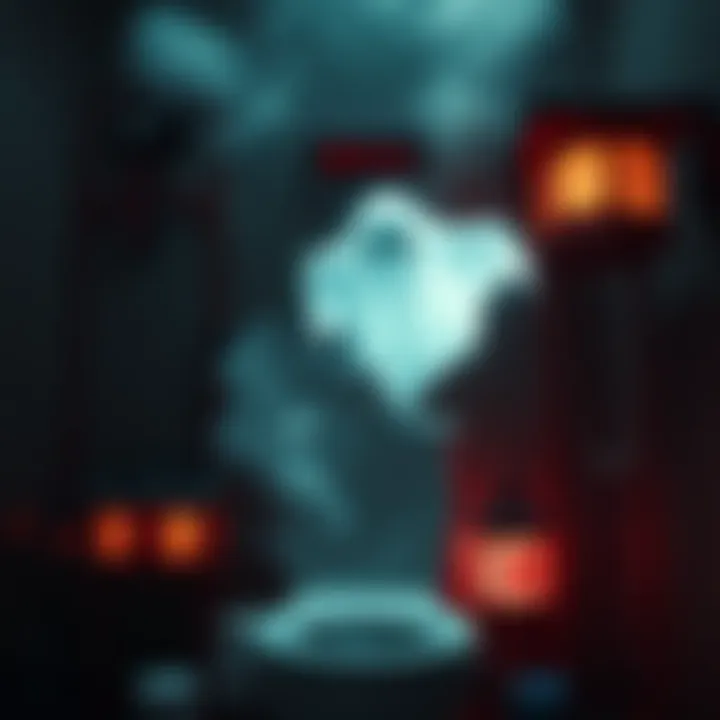 A spooky ghost figure hovering above a traditional Japanese toilet, shrouded in mist with an eerie glow.