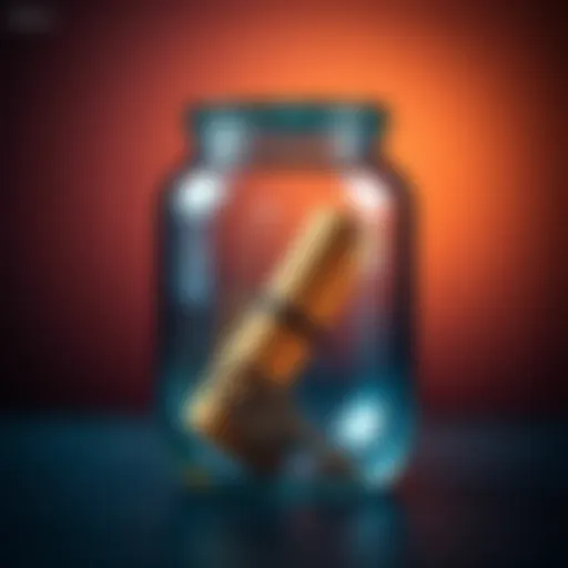 A glass jar with two distinct items inside, one a scroll and the other a small key, partially visible through the jar opening.