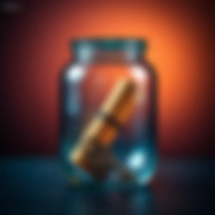 A glass jar with two distinct items inside, one a scroll and the other a small key, partially visible through the jar opening.