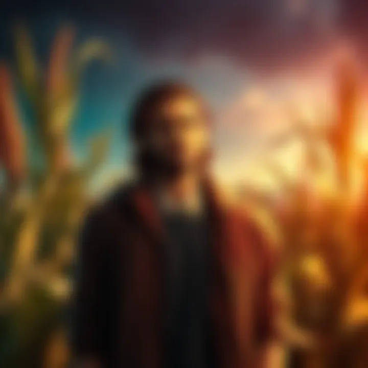 Character Jax standing with a worried expression, surrounded by corn stalks, symbolizing his fears and confusion about his identity.