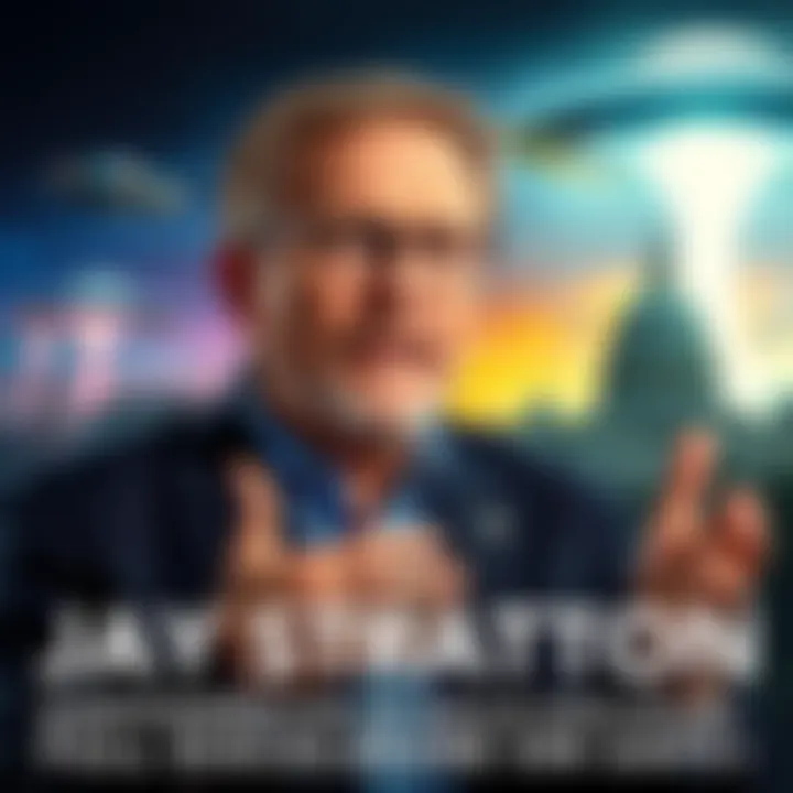 Jay Stratton speaking about government secrets on UAPs, with visuals of unexplained phenomena in the background