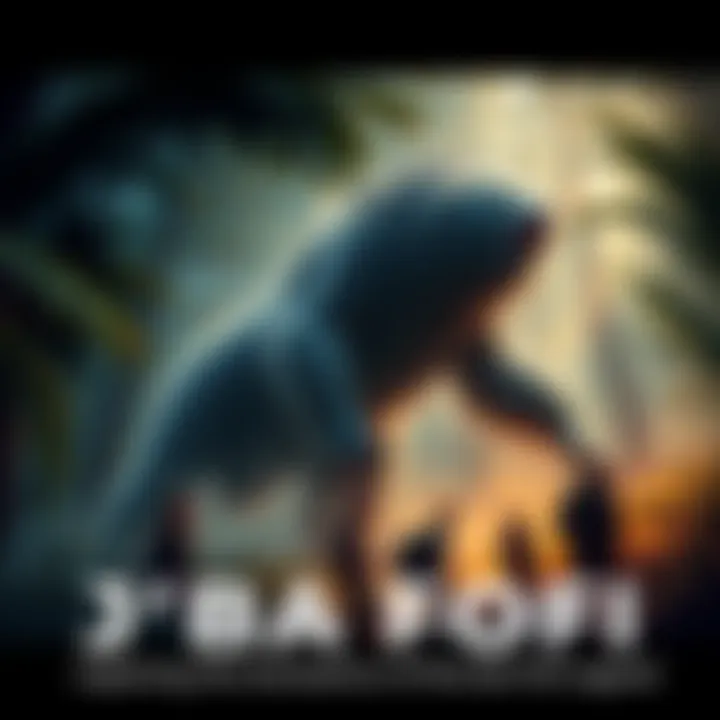 Representation of the J'ba Fofi, a large, mythical creature surrounded by forest. It's depicted with a long body and thick fur, blending into the foliage, as people stand nearby looking amazed.