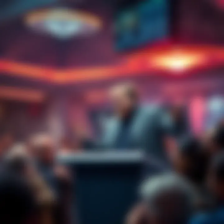 JD Vance speaking at a podium about UFOs, with a crowd listening intently