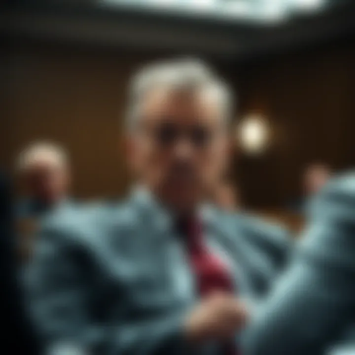 Jeffrey Epstein sitting in a courtroom during his trial, looking serious and contemplative