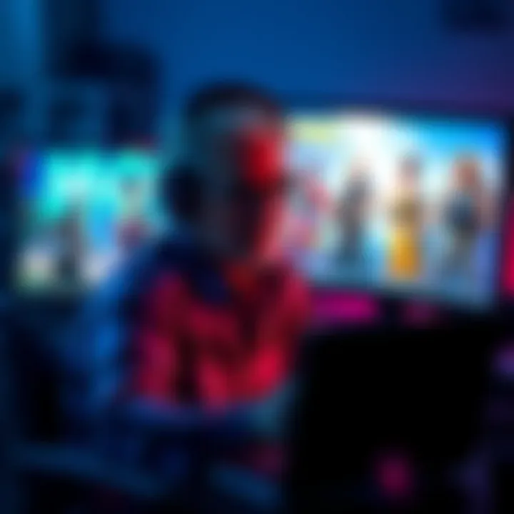 A depiction of a man resembling Jeffrey Epstein sitting in front of a computer playing Fortnite, showcasing various skins on the screen.