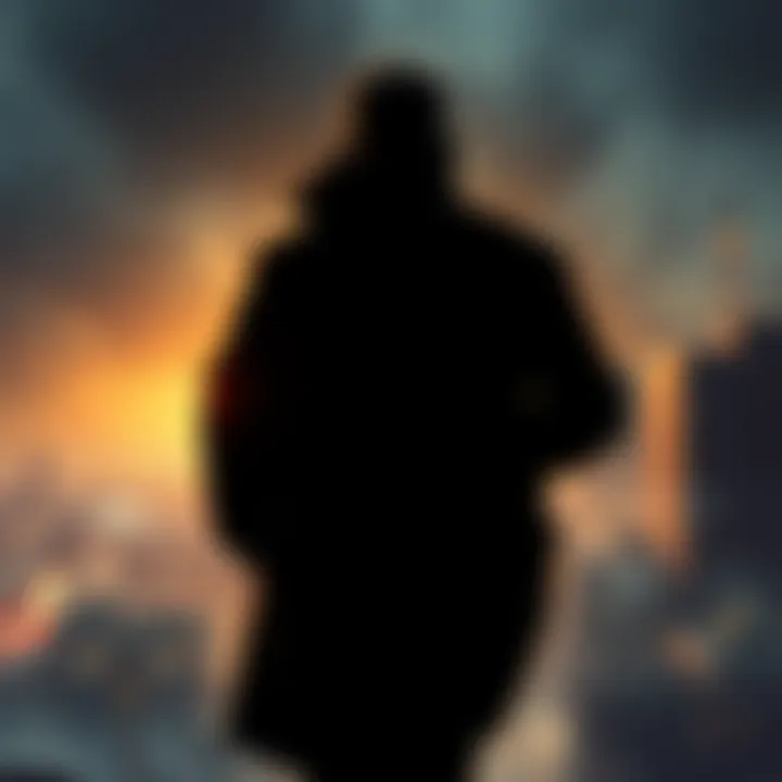 A shadowy figure resembling Jeffrey Epstein in a cityscape of Israel, with hints of power and influence around him