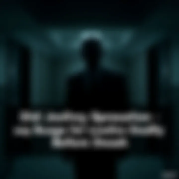 A shadowy figure resembling Jeffrey Epstein stands in a dimly lit room, with two doors in the background, symbolizing possible identity swap.