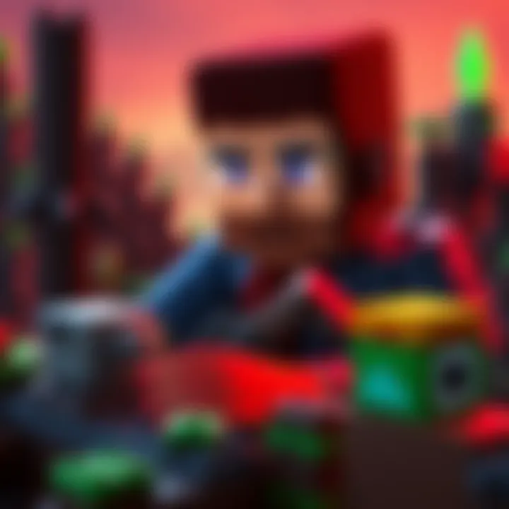 A character resembling Jeffrey Epstein plays Minecraft, interacting with blocks and structures in a digital landscape.
