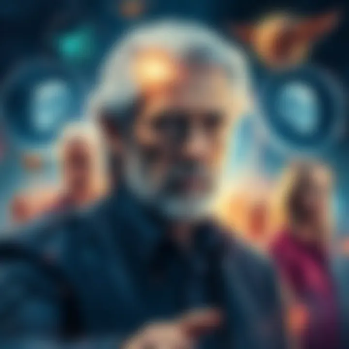 An abstract representation of Jeffrey Epstein as a character in a multiverse, with various realities depicted around him, symbolizing different narratives and identities.