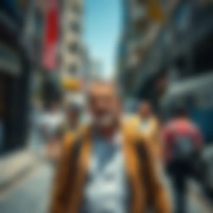 Jeffrey walking in a busy street in Tel Aviv with people around him, looking relaxed and engaged with his surroundings.