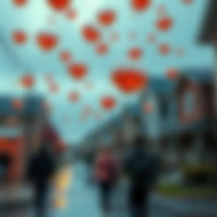 Translucent blobs falling from the sky in a residential area of Oakville, with people looking up in surprise.