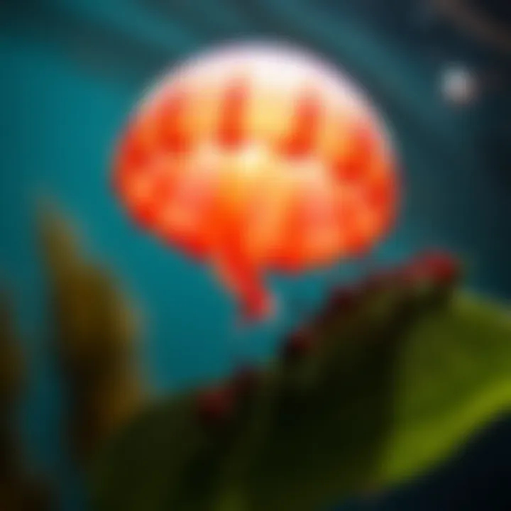 A jellyfish drifting in the water alongside ants collaborating on a leaf, symbolizing instinctual behaviors contributing to a colony's success.