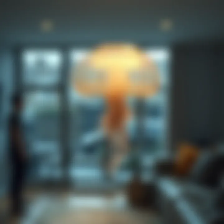 A small jellyfish-like object with a translucent body floats inside a London home, with curious onlookers nearby.