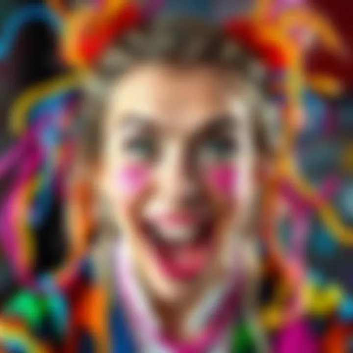 A chaotic and vibrant video thumbnail featuring Jenna Marbles with exaggerated facial expressions and bright colors that reflect her playful style.