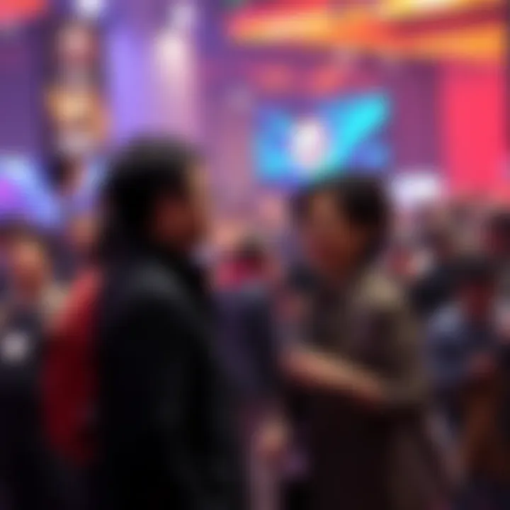 Jensen Huang and Lisa Su talking at a tech event with a crowd in the background, suggesting a rivalry or close connection in the tech industry.