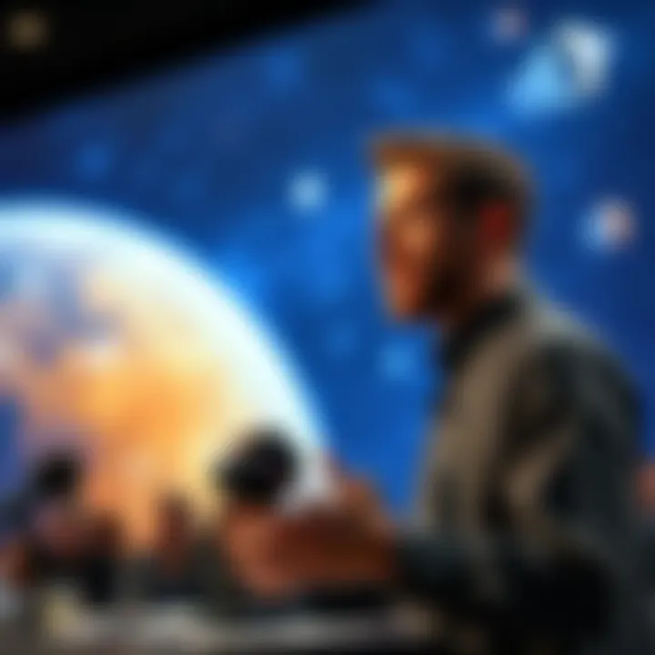 Jeremy Corbell speaking at a press event about the secrets of 3I/ATLAS, with a backdrop of space imagery.
