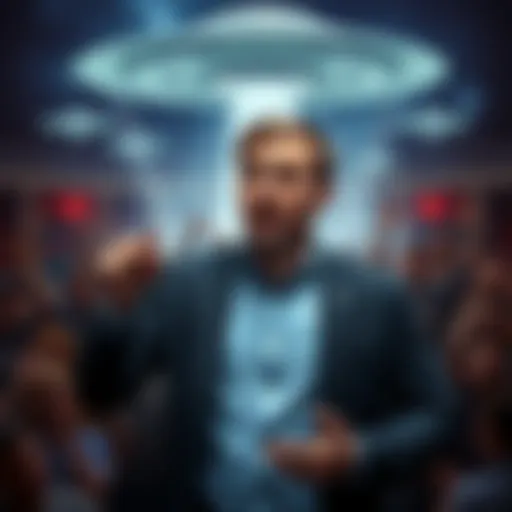 Filmmaker Jeremy Corbell speaking about the upcoming presidential UFO file release, with a backdrop of UFO imagery and excited crowd.