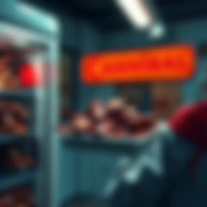 A collage of jerky, a freezer, and a restaurant sign that says 'Cannibal', representing the connection to Epstein's emails.
