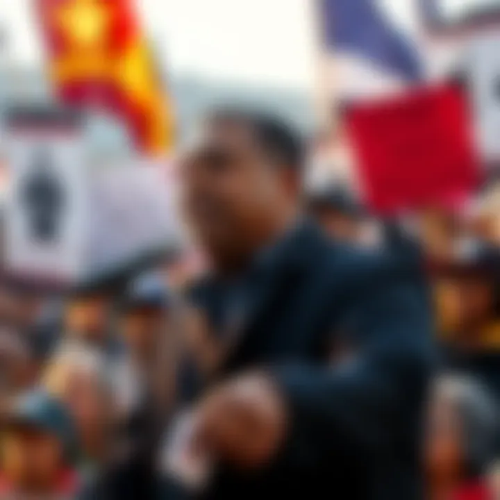 Jesse Jackson addressing a crowd at a civil rights rally, with signs advocating for justice in the background