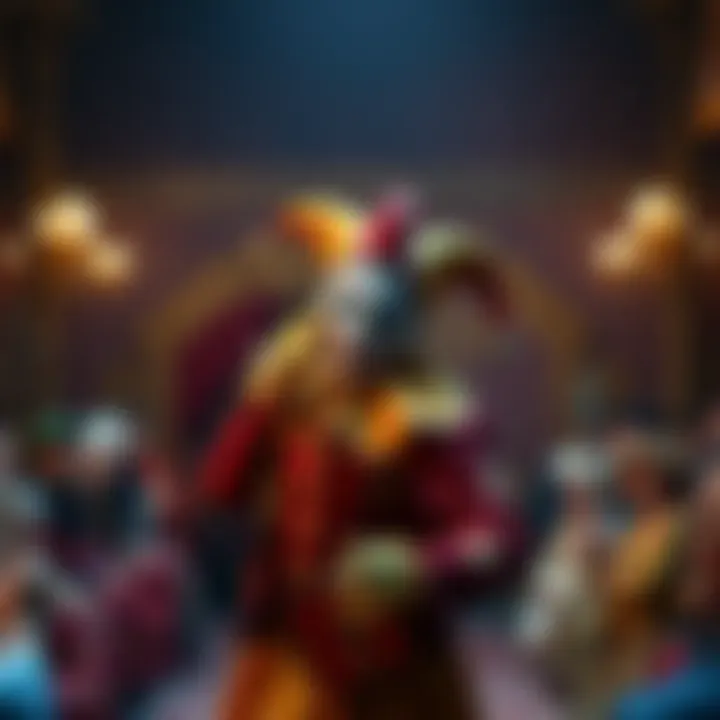 Jester Performing with Laughter A jester in a colorful outfit performs in a royal court, using humor to entertain and provoke thought among the audience.