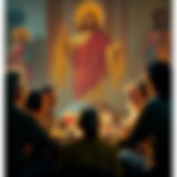 A group of diverse people engaged in a lively debate about the identity and enlightenment of Jesus, with a backdrop of religious symbols