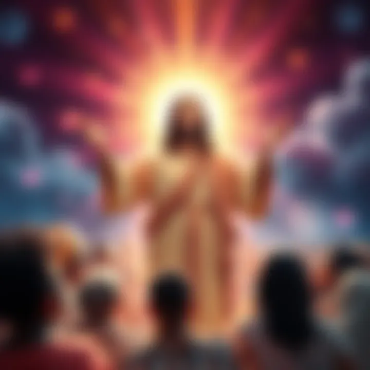 A depiction of Jesus radiating warmth and love, surrounded by diverse people connecting in unity, representing collective consciousness.
