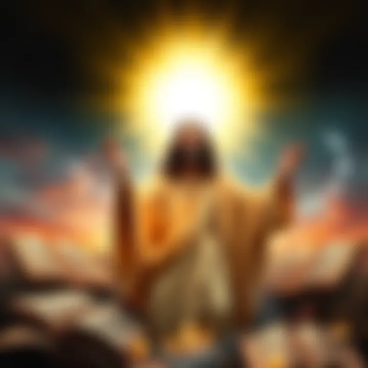 A serene figure representing Jesus, with a glowing aura symbolizing divine connection, surrounded by ancient texts and symbols of spirituality.