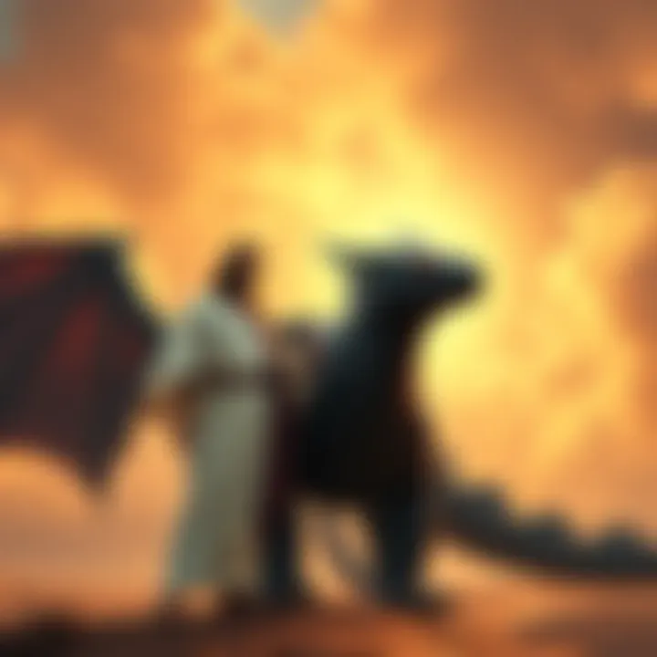 Jesus Christ stands confidently beside a large, friendly black dragon, symbolizing friendship and acceptance. The scene shows a warm, serene atmosphere, highlighting their connection.