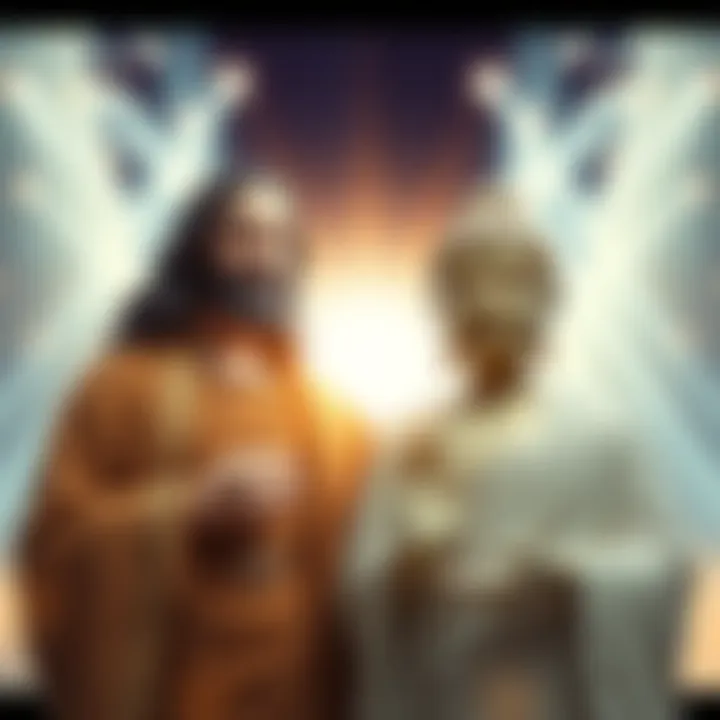 A serene depiction of Jesus Christ and Buddha, both radiating peace, standing side by side in harmony, symbolizing spiritual connection.