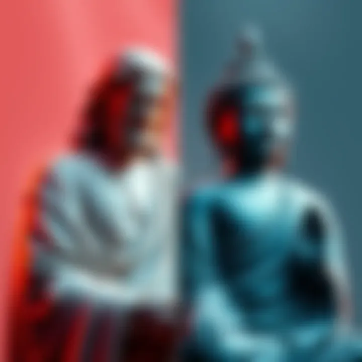 Jesus and Buddha A serene image showing a statue of Jesus on one side and a statue of Buddha on the other, representing their spiritual connection.