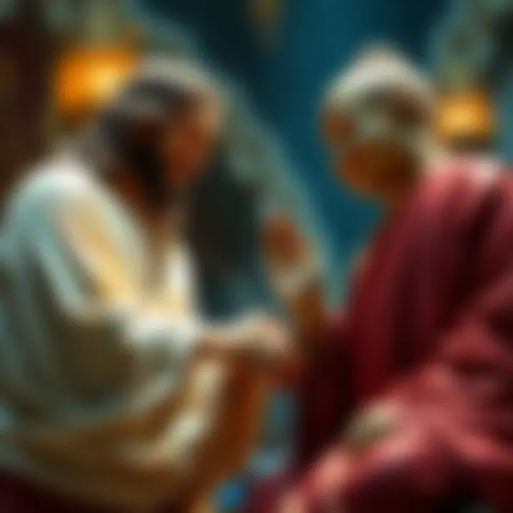 Jesus and Buddha smiling and shaking hands in a peaceful setting