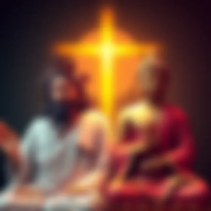 Illustration showing symbols representing Jesus Christ and Buddha side by side, highlighting their spiritual significance.