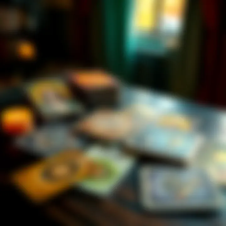 A collection of colorful spiritual cards with scripture and divine symbols on a table, inviting people for free readings.