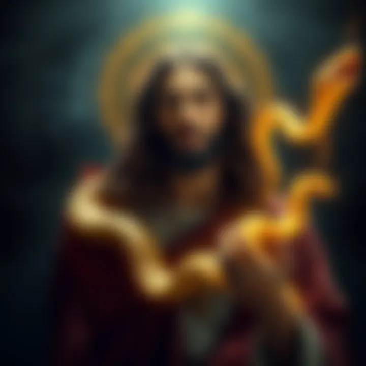 Illustration depicting Jesus Christ with a glowing snake symbolizing knowledge, against a contrasting background of dark and light, representing Gnosticism's teachings.
