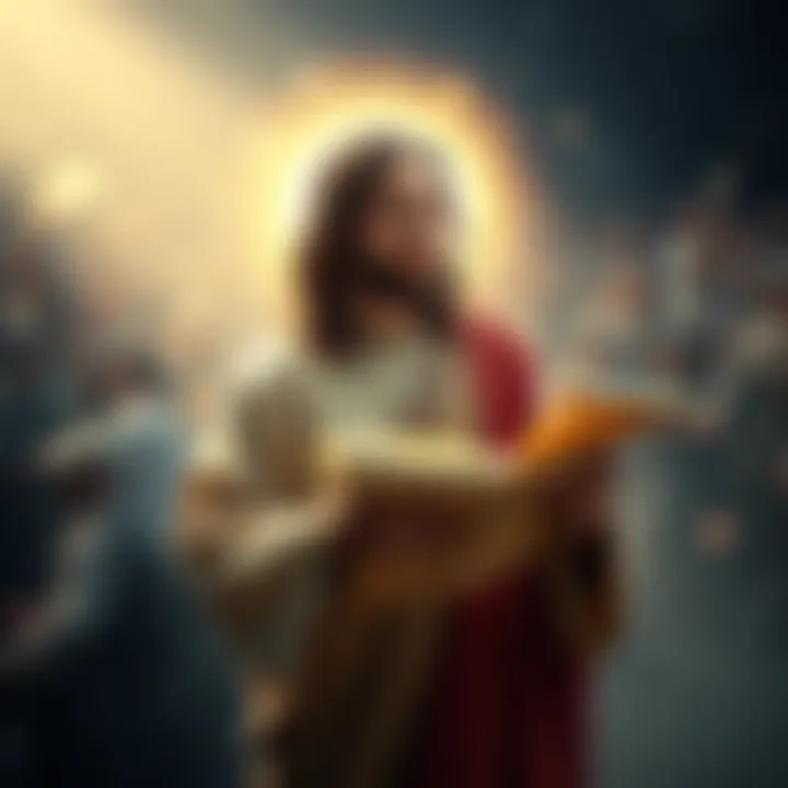 A young Jesus Christ, wearing a simple robe, stands with an open scroll, looking thoughtful while surrounded by a glowing light, symbolizing knowledge and wisdom from the future.