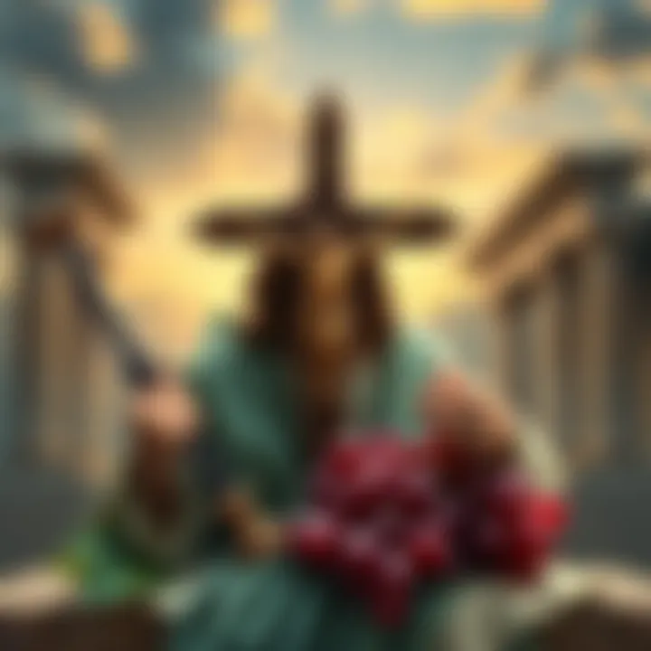 A visual representation comparing Jesus Christ and Dionysus, featuring symbols associated with both figures like a cross and grapes, set against a classical Greek background.